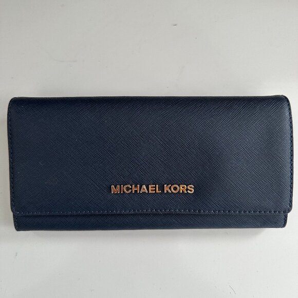 MICHAEL KORS Navy Blue Saffiano Leather Jet Set Travel Flat Wallet - Picture 1 of 5